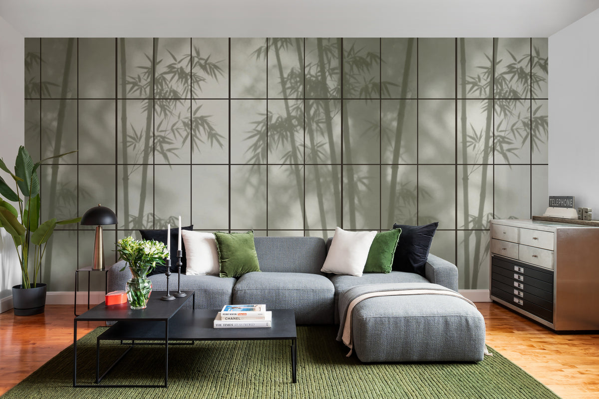 The Bamboo Teahouse mural in misty moss green behind seating in a living room