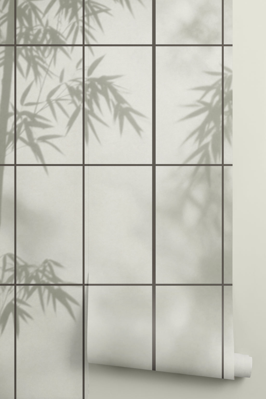 Rolled panel of The Bamboo Teahouse mural in misty moss green