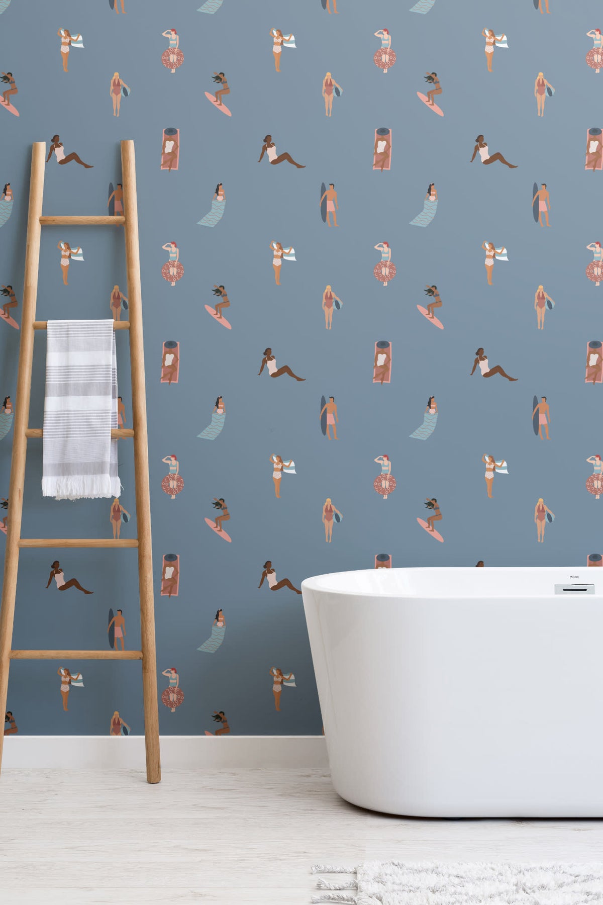 The Bathing Promenade wallpaper in dusk blue in a bathroom