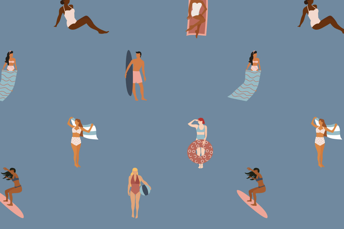 Flat pattern view of The Bathing Promenade wallpaper in dusk blue, showing the beachgoers and surfers