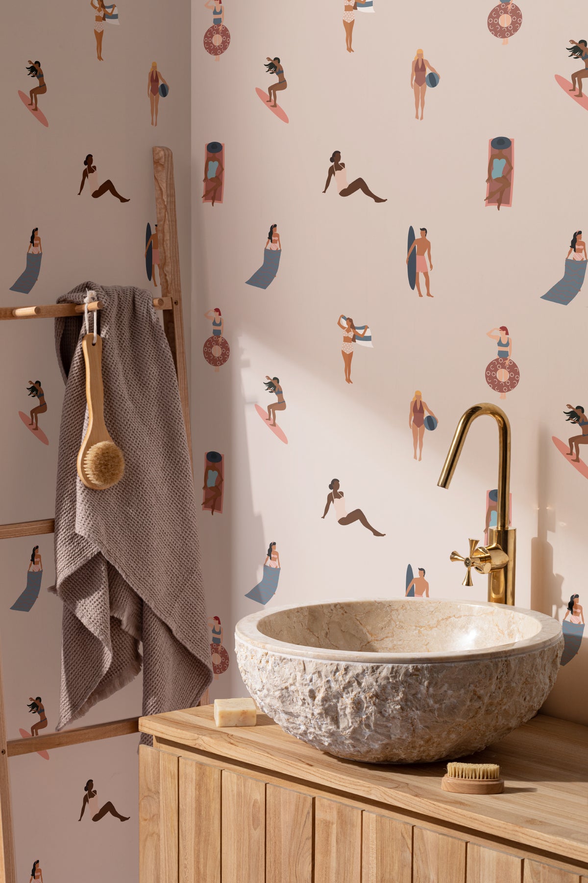 The Bathing Promenade wallpaper in shell pink and cream in a bathroom