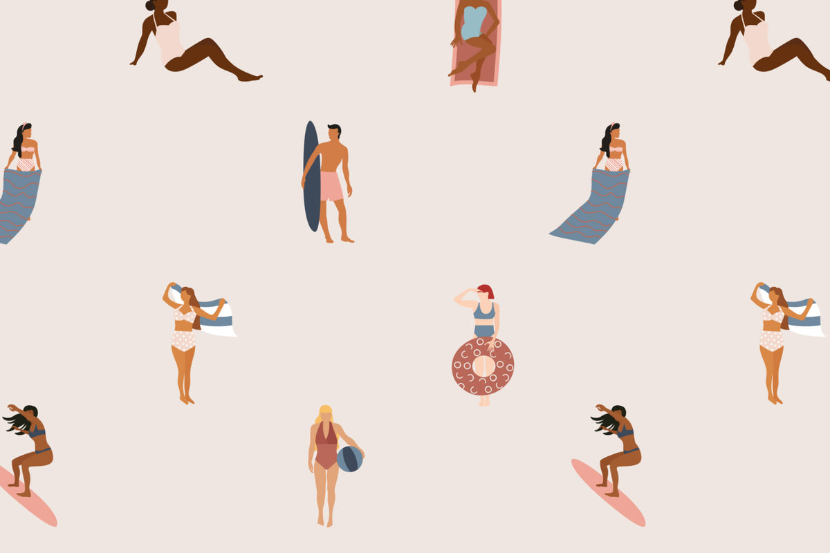 Flat pattern view of The Bathing Promenade wallpaper in shell pink and cream, showing the beachgoers and surfers