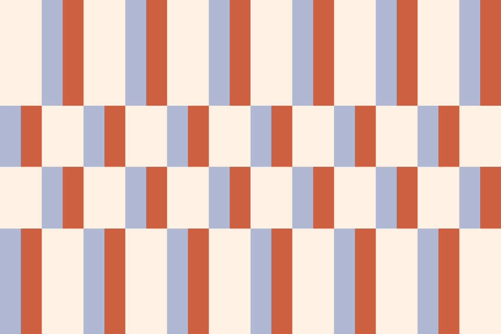 Flat pattern view of The Bauhaus Block wallpaper in periwinkle and rust, showing the offset colour-block bars