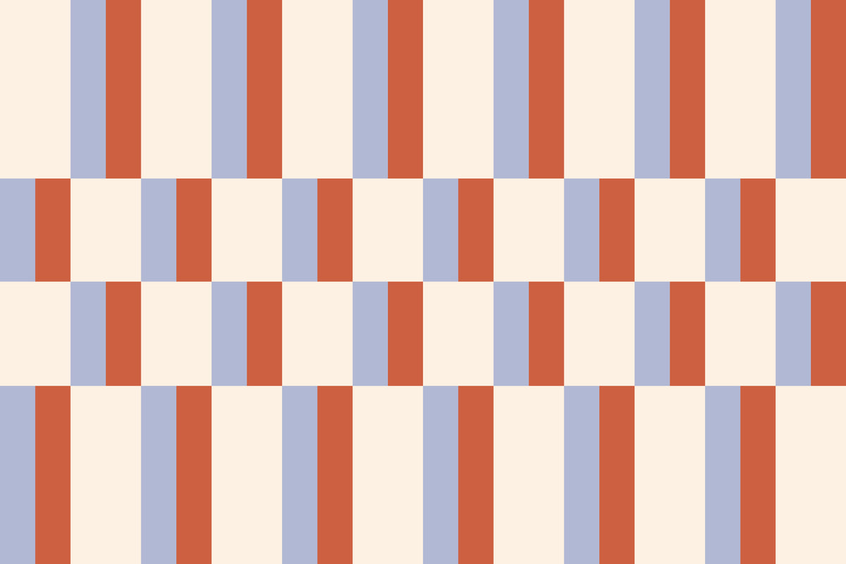 Flat pattern view of The Bauhaus Block wallpaper in periwinkle and rust, showing the offset colour-block bars
