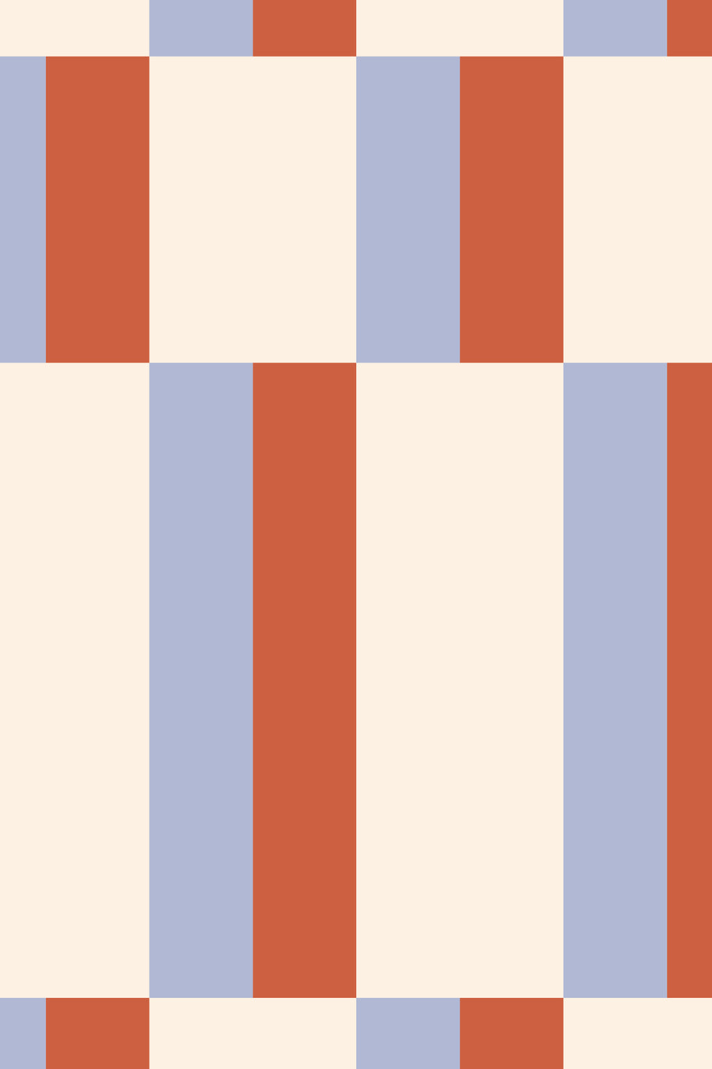 Close-up of The Bauhaus Block wallpaper in periwinkle and rust showing the offset colour-block bars in detail