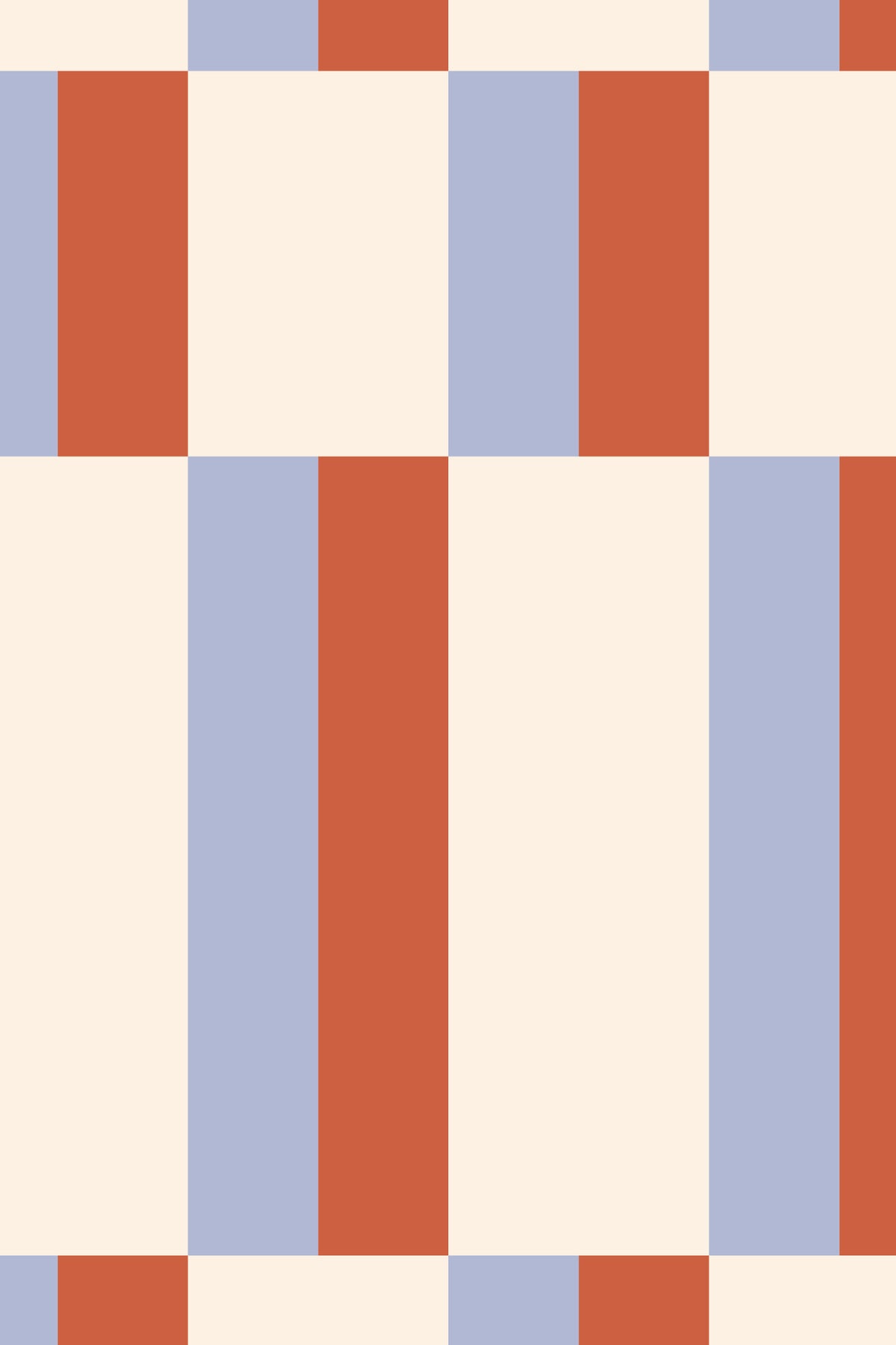 Close-up of The Bauhaus Block wallpaper in periwinkle and rust showing the offset colour-block bars in detail
