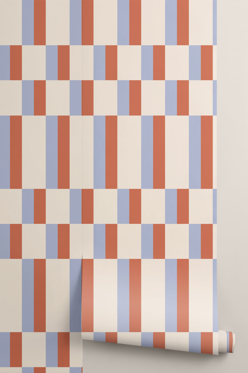 Roll of The Bauhaus Block wallpaper in periwinkle and rust