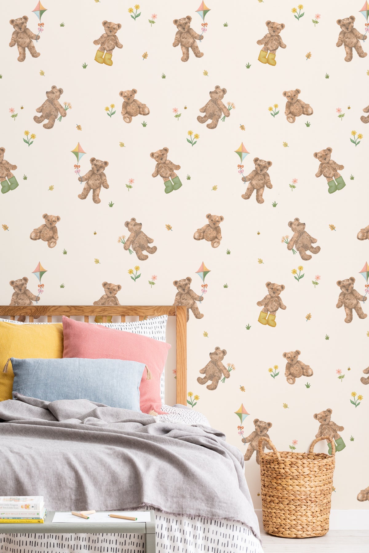 The Bear Parlour wallpaper in cream and caramel on a nursery wall