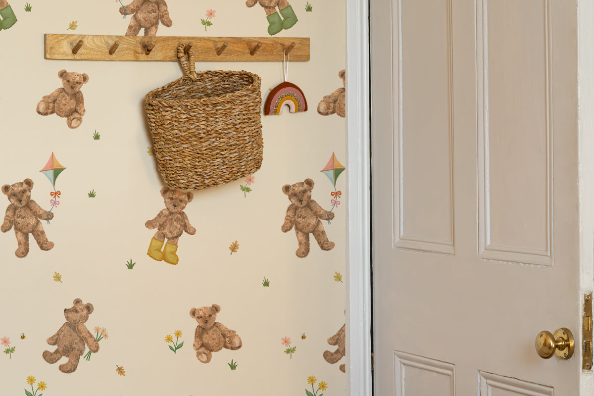 The Bear Parlour wallpaper in cream and caramel in a hallway