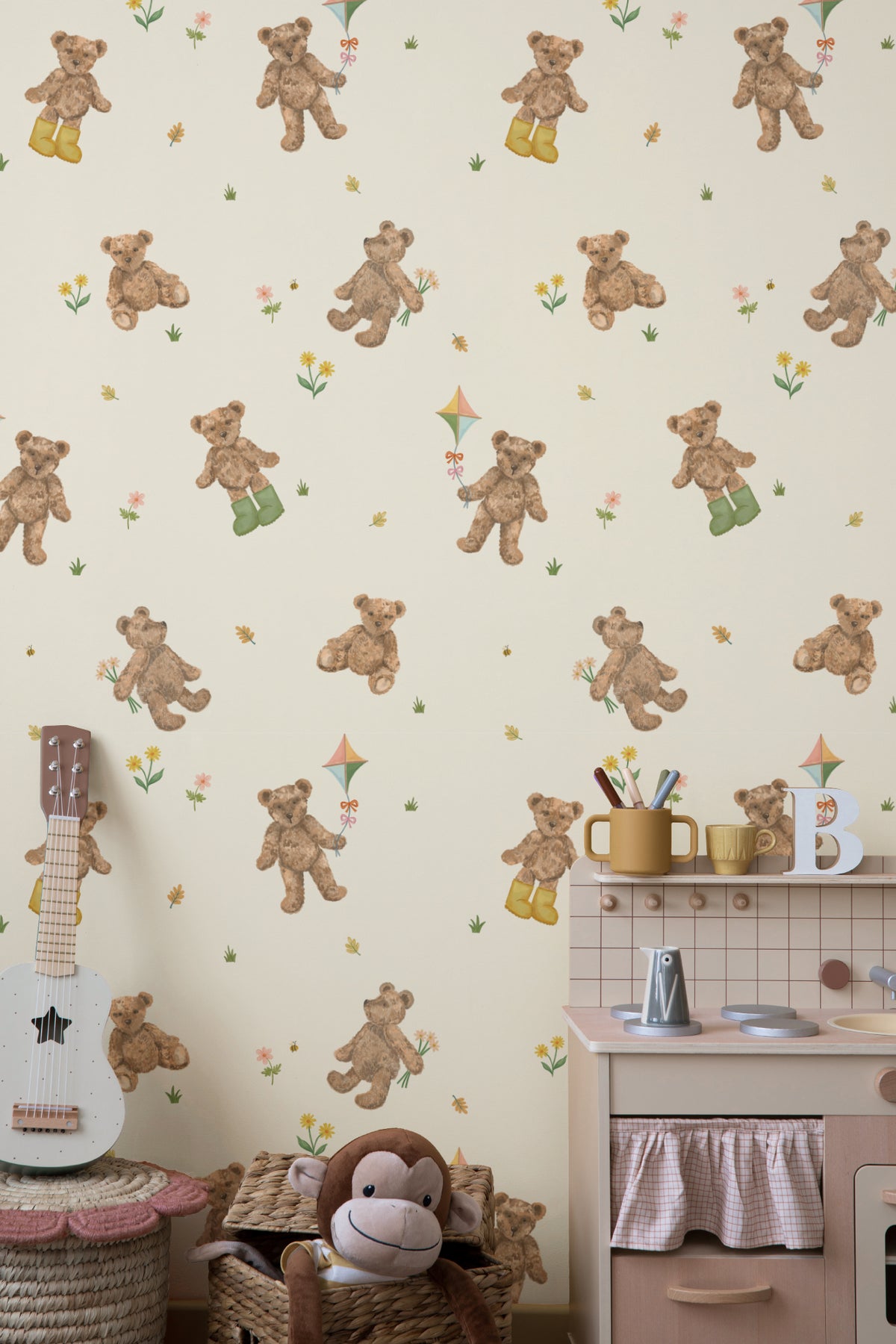 The Bear Parlour wallpaper in cream and caramel in a child's bedroom