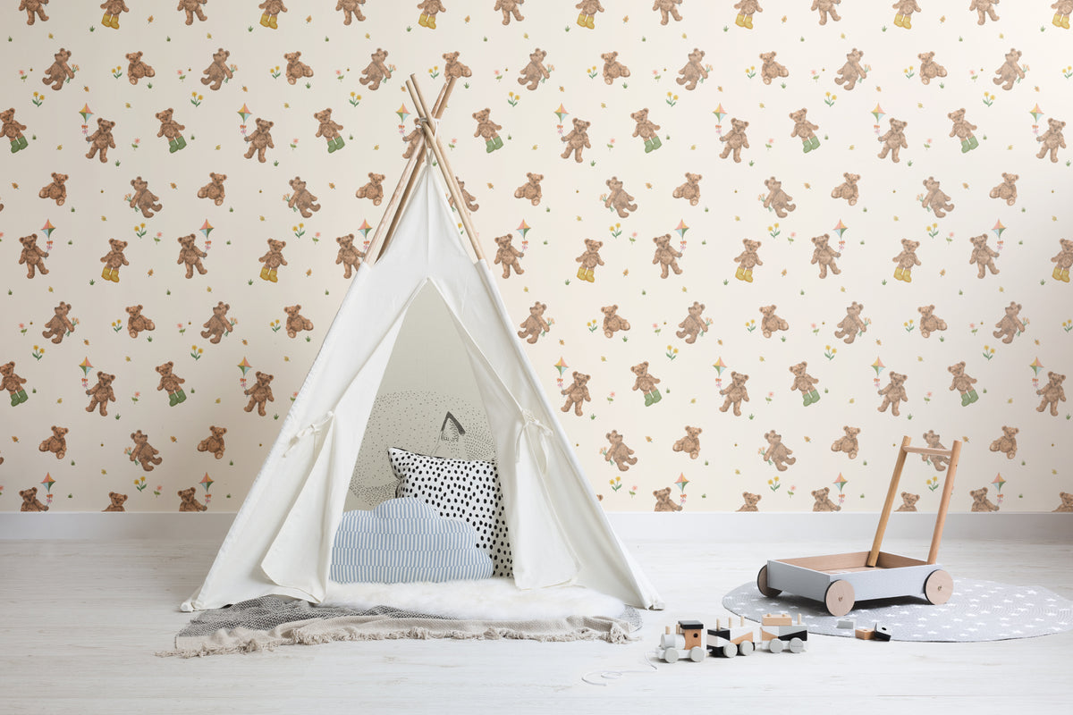 The Bear Parlour wallpaper in cream and caramel behind a kids' play corner