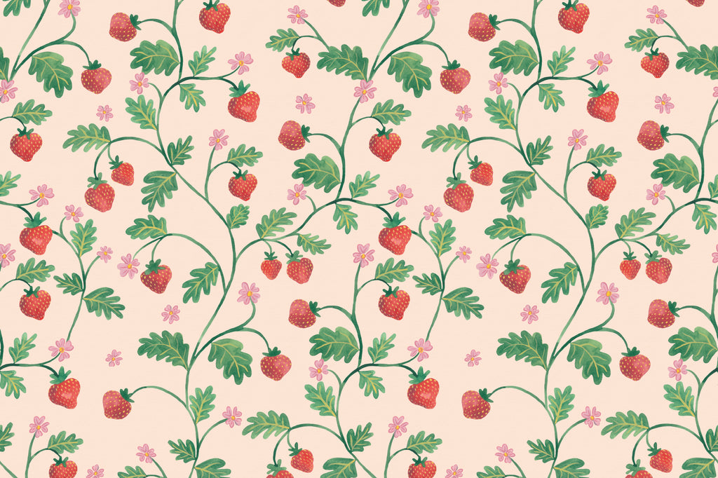 Flat pattern view of The Berry Arbour wallpaper in blush beige, showing the trailing berries and leaves