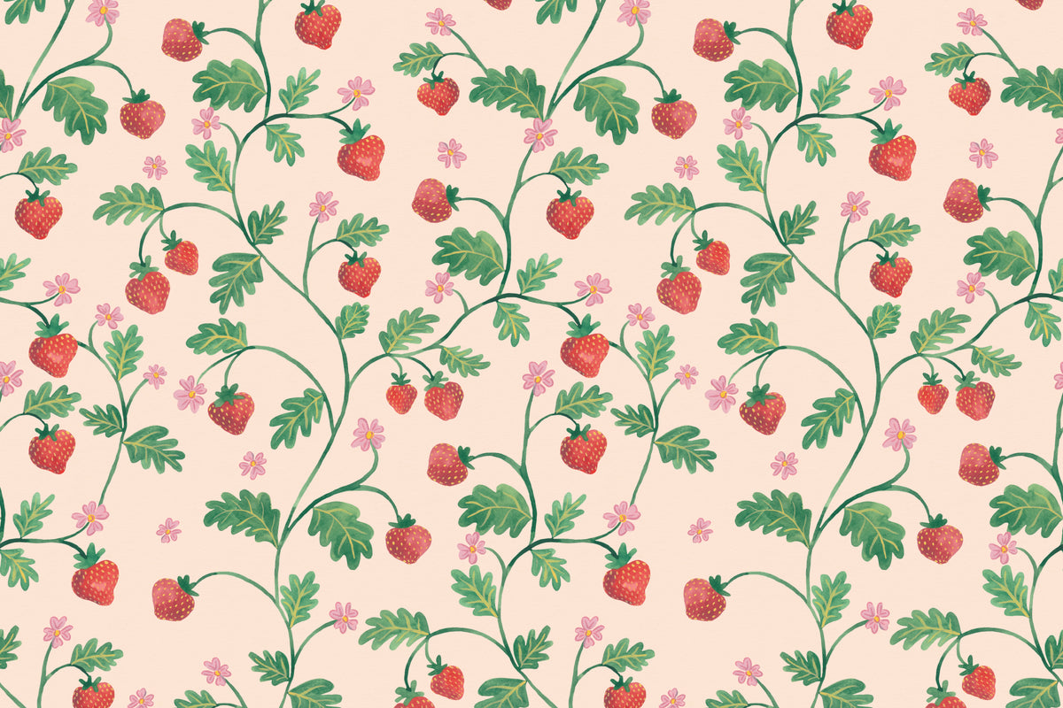 Flat pattern view of The Berry Arbour wallpaper in blush beige, showing the trailing berries and leaves