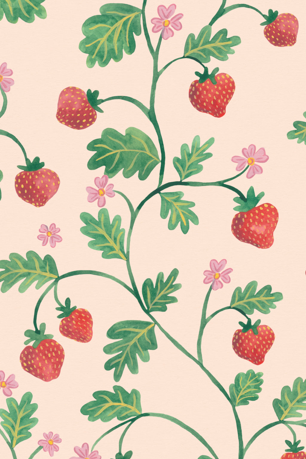 Close-up of The Berry Arbour wallpaper in blush beige showing the trailing berries and leaves in detail
