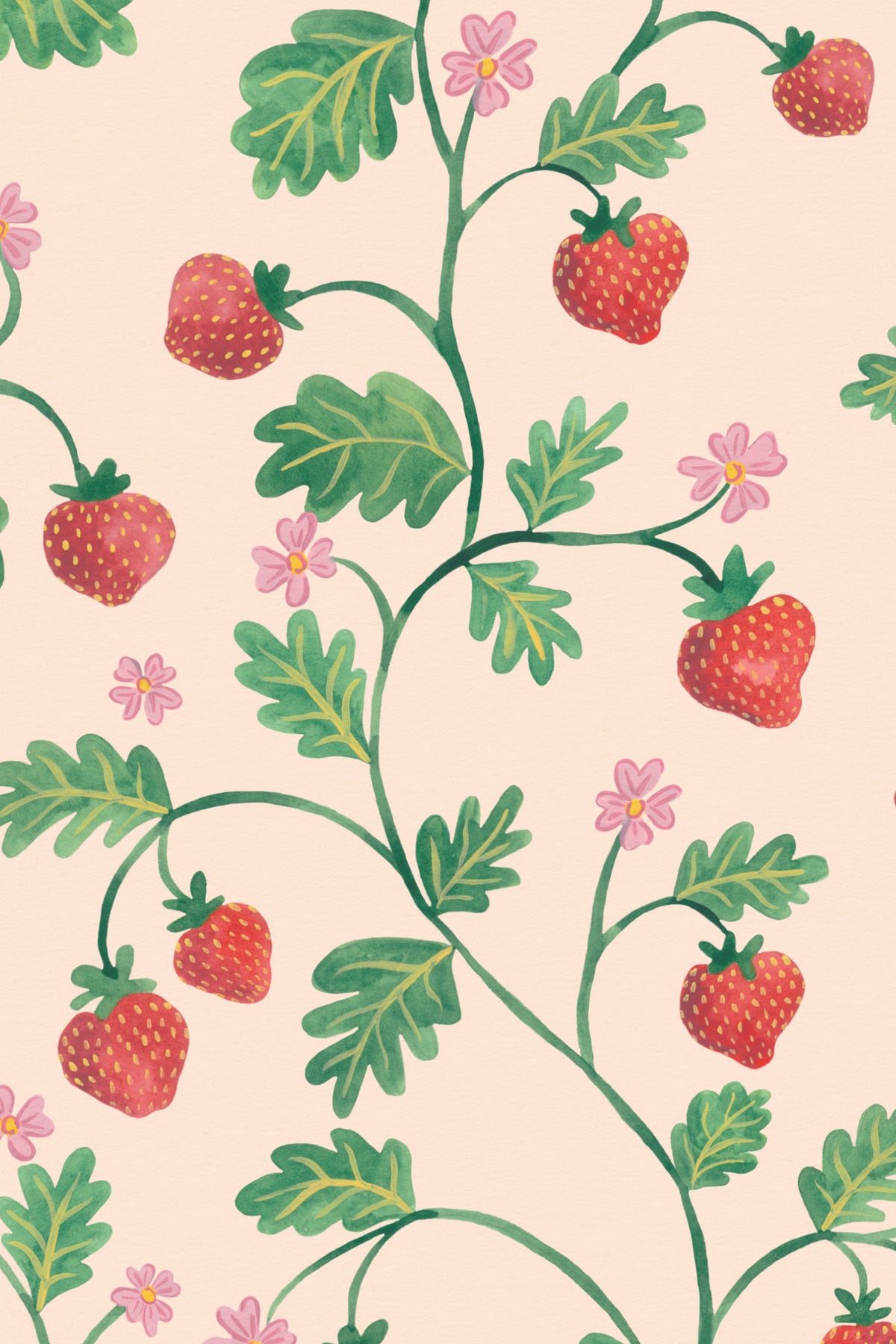 Close-up of The Berry Arbour wallpaper in blush beige showing the trailing berries and leaves in detail