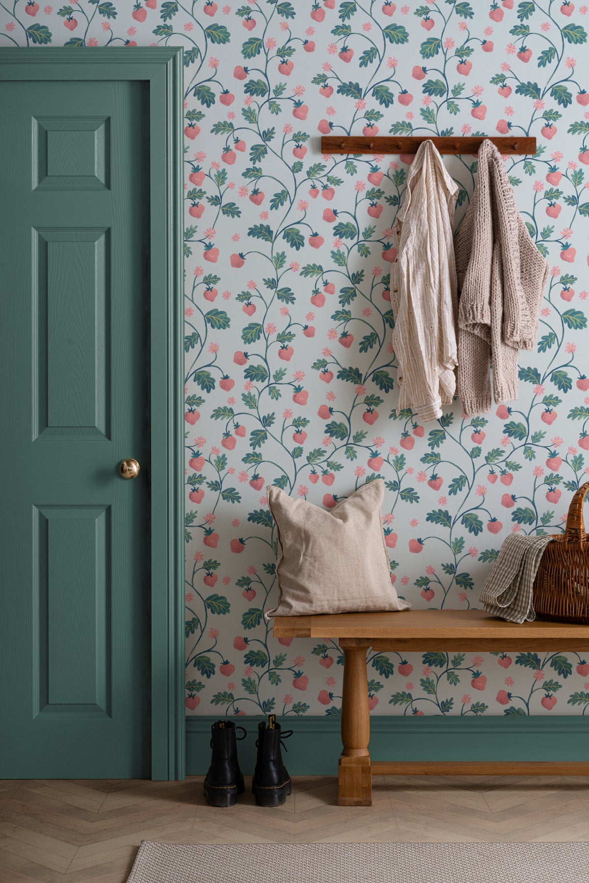 The Berry Arbour wallpaper in pale sky blue in a hallway