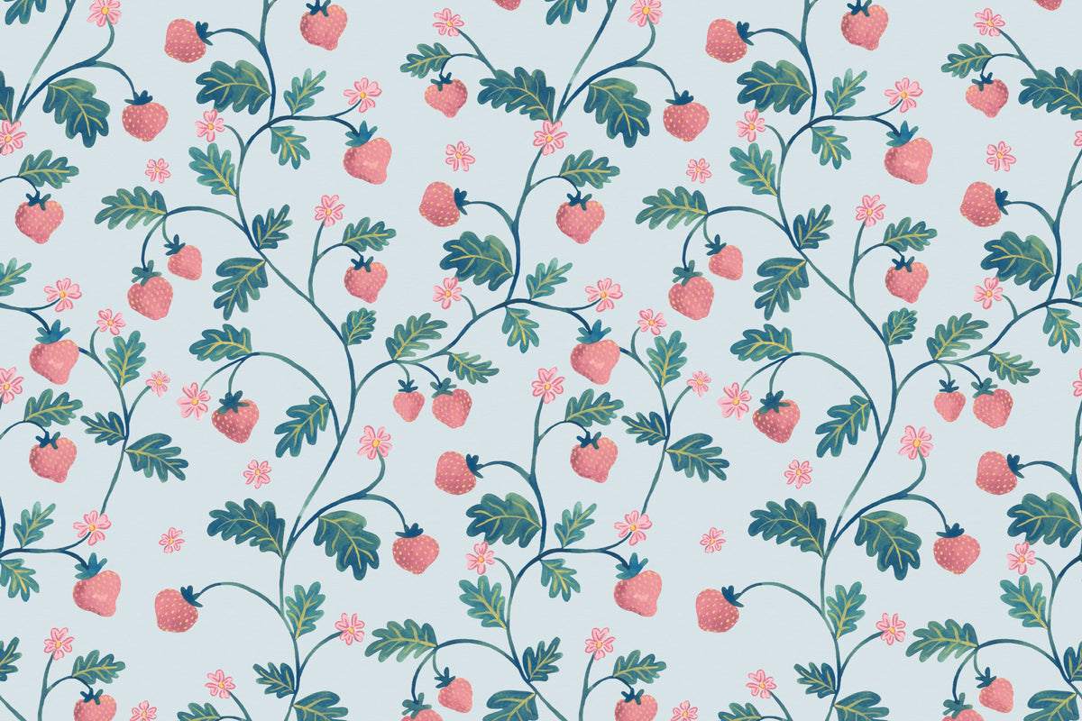 Flat pattern view of The Berry Arbour wallpaper in pale sky blue, showing the trailing berries and leaves