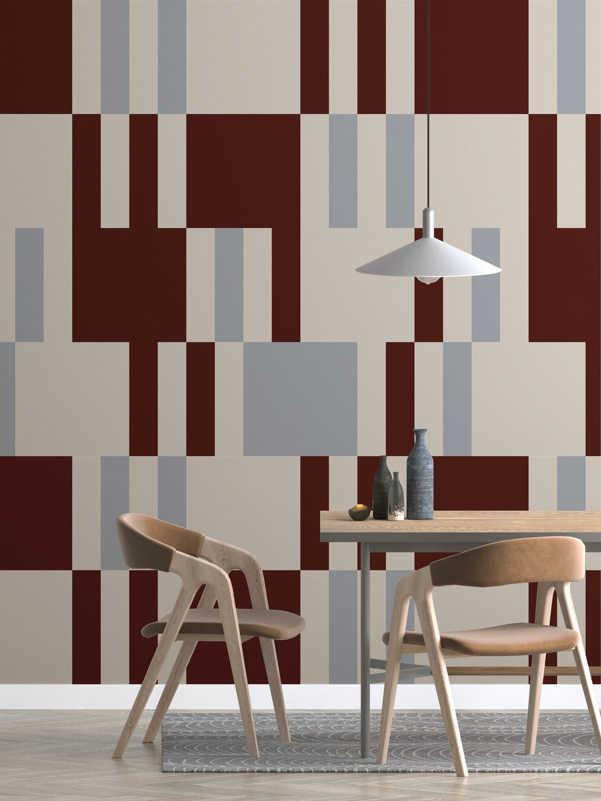 The Block Parquetry mural in burgundy and mocha behind a dining table