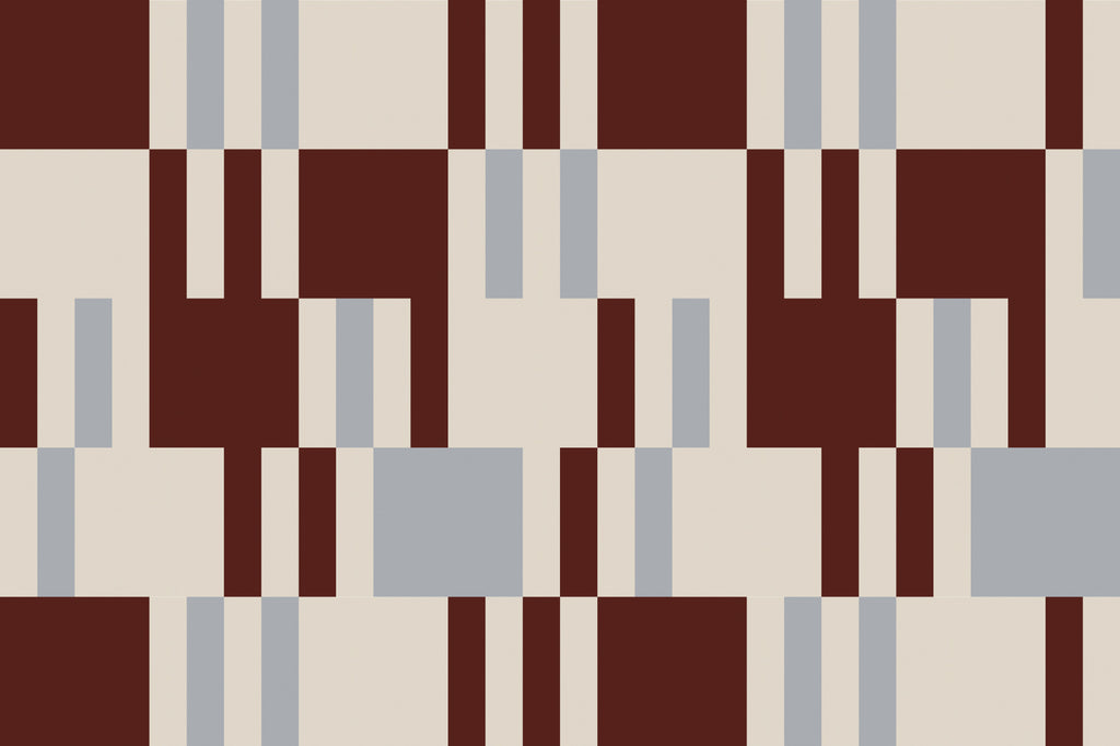 Full artwork view of The Block Parquetry mural in burgundy and mocha, showing offset geometric blocks