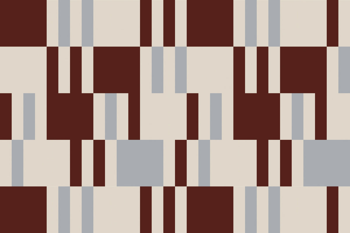 Full artwork view of The Block Parquetry mural in burgundy and mocha, showing offset geometric blocks