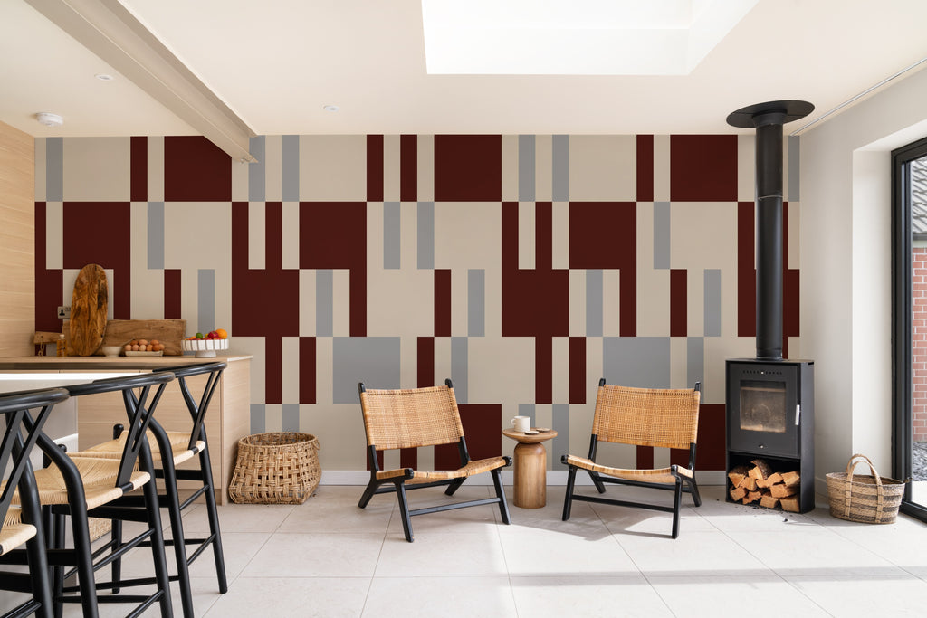 The Block Parquetry mural in burgundy and mocha in a dining room