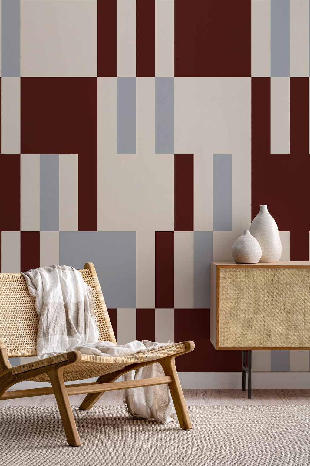 The Block Parquetry mural in burgundy and mocha in a living room