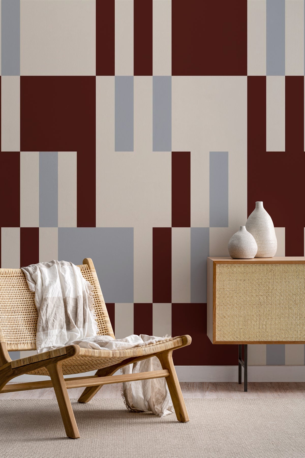The Block Parquetry mural in burgundy and mocha in a living room