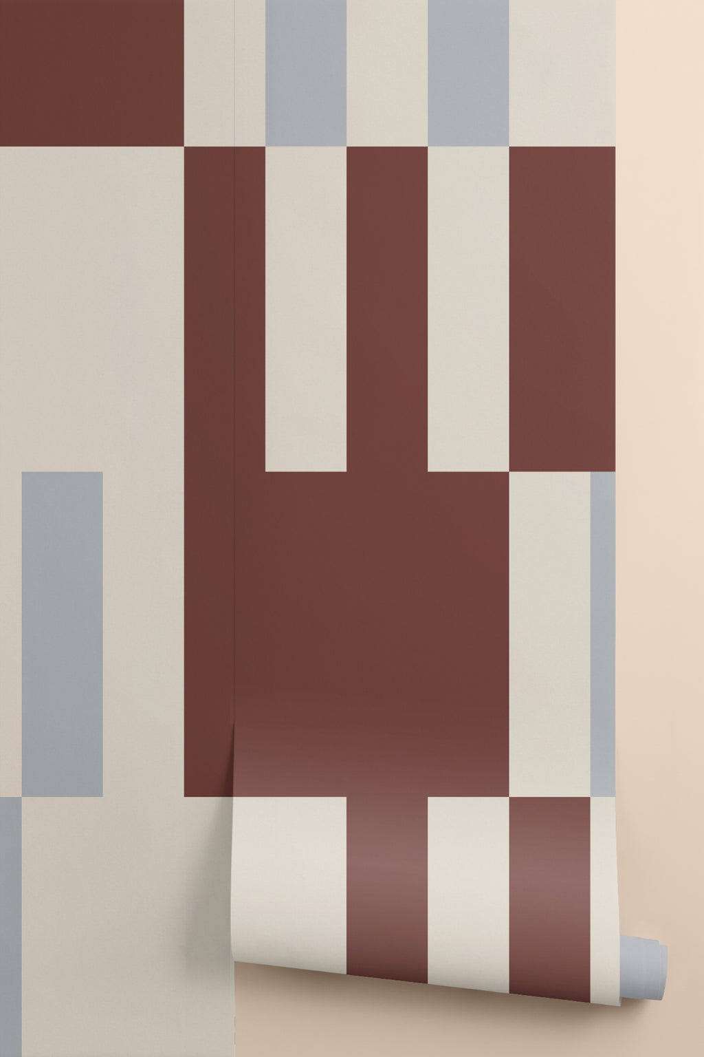 Rolled panel of The Block Parquetry mural in burgundy and mocha