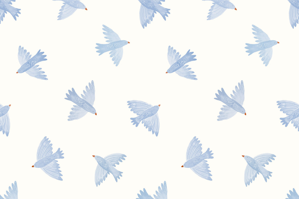 Flat pattern view of The Bluebird Flight wallpaper in cornflower blue, showing the watercolour birds in flight