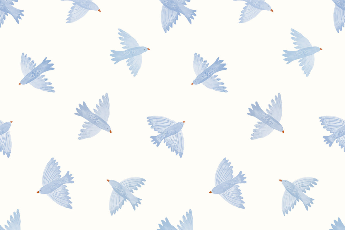 Flat pattern view of The Bluebird Flight wallpaper in cornflower blue, showing the watercolour birds in flight