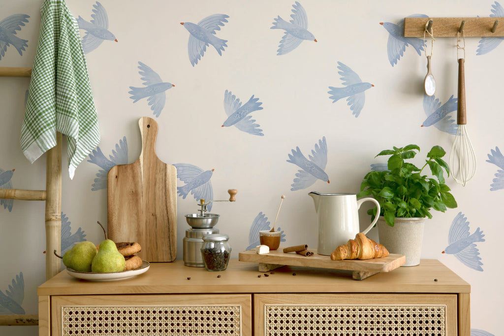 The Bluebird Flight wallpaper in cornflower blue in a kitchen