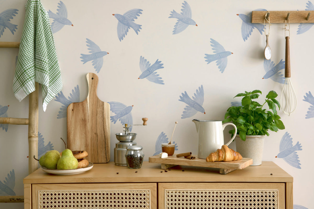 The Bluebird Flight wallpaper in cornflower blue in a kitchen