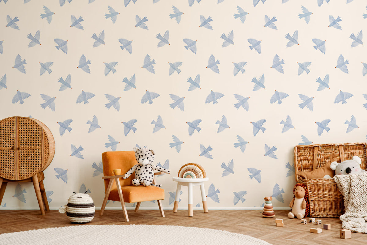 The Bluebird Flight wallpaper in cornflower blue on a nursery wall