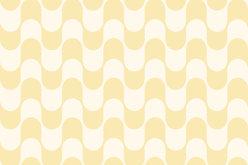 Flat pattern view of The Boardwalk Wave wallpaper in butter yellow, showing the scalloped wave stripes