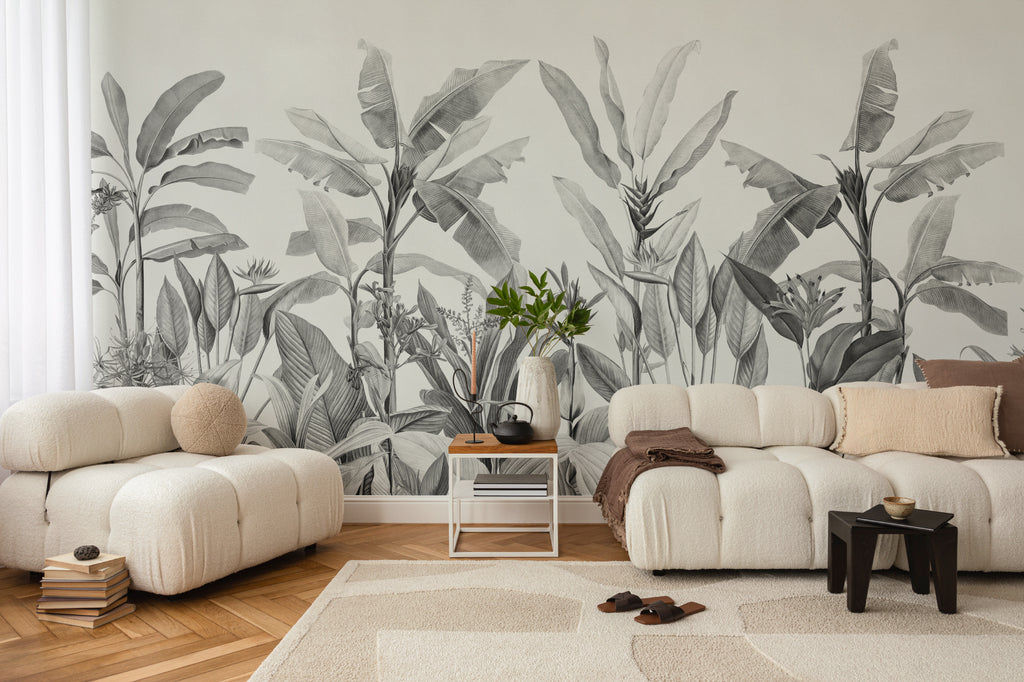 The Botanic Frieze mural in charcoal and white in a living room