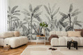 The Botanic Frieze mural in charcoal and white in a living room