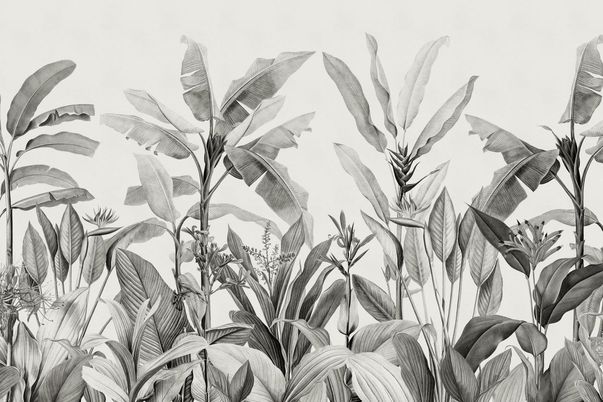 Full artwork view of The Botanic Frieze mural in charcoal and white, showing tropical plants rising from the base
