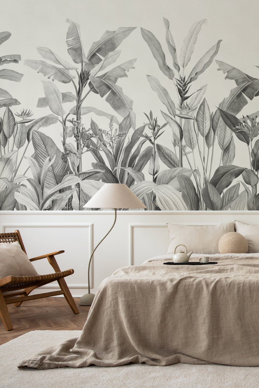 The Botanic Frieze mural in charcoal and white in a calm bedroom setting