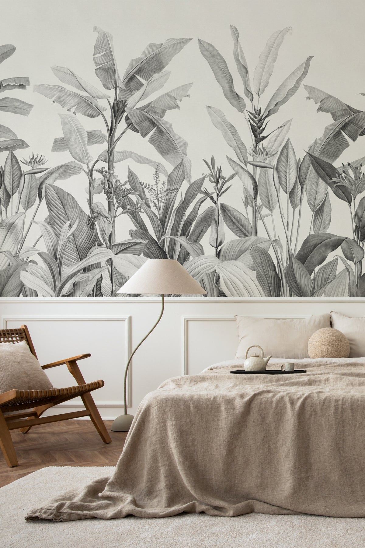 The Botanic Frieze mural in charcoal and white in a calm bedroom setting