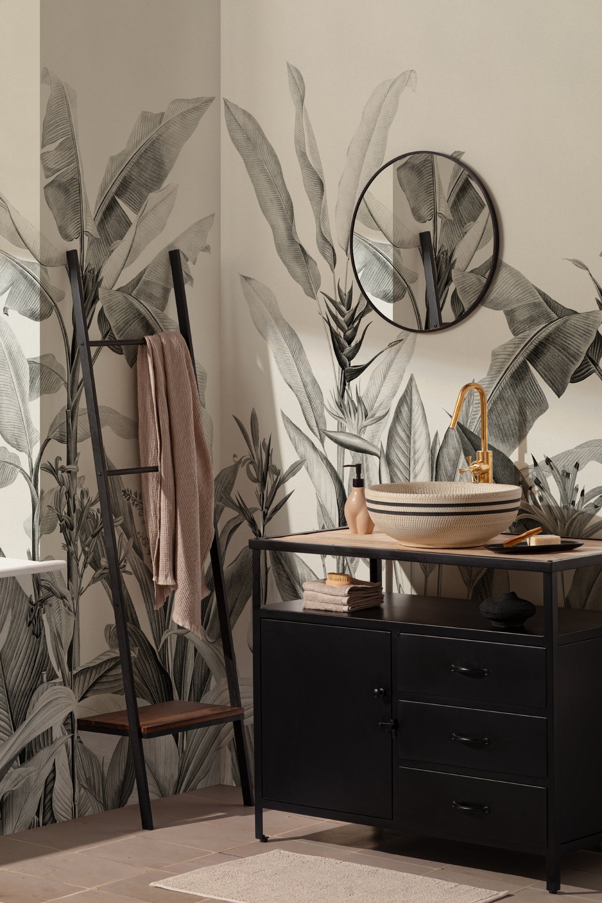 The Botanic Frieze mural in charcoal and white behind a styled console