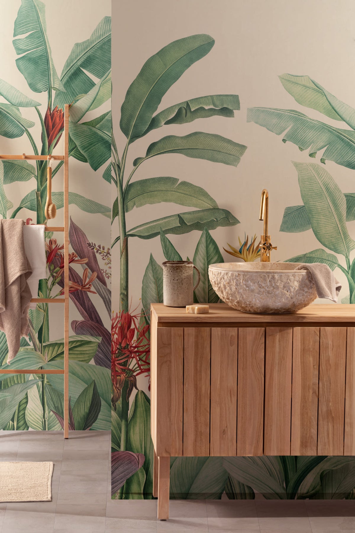 The Botanic Frieze mural in tropical green behind a styled console