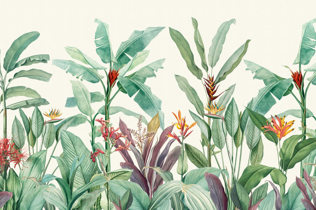 Full artwork view of The Botanic Frieze mural in tropical green, showing tropical plants rising from the base