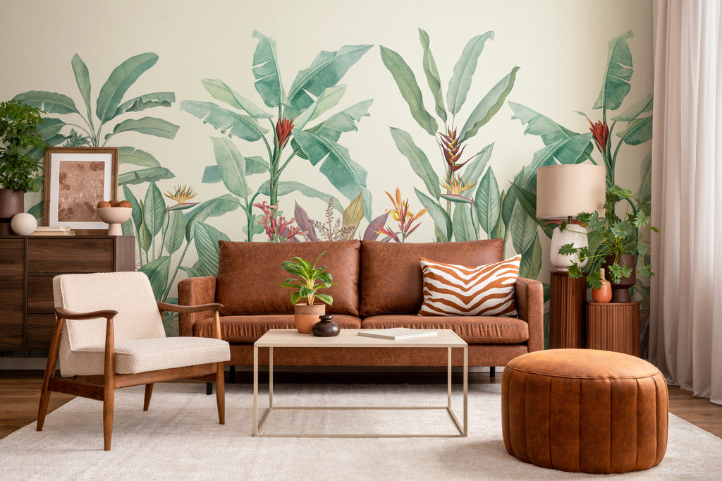 The Botanic Frieze mural in tropical green in a living room