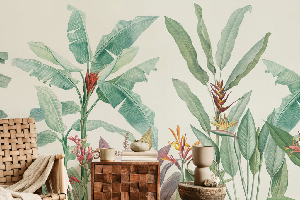 The Botanic Frieze mural in tropical green behind seating in a living room