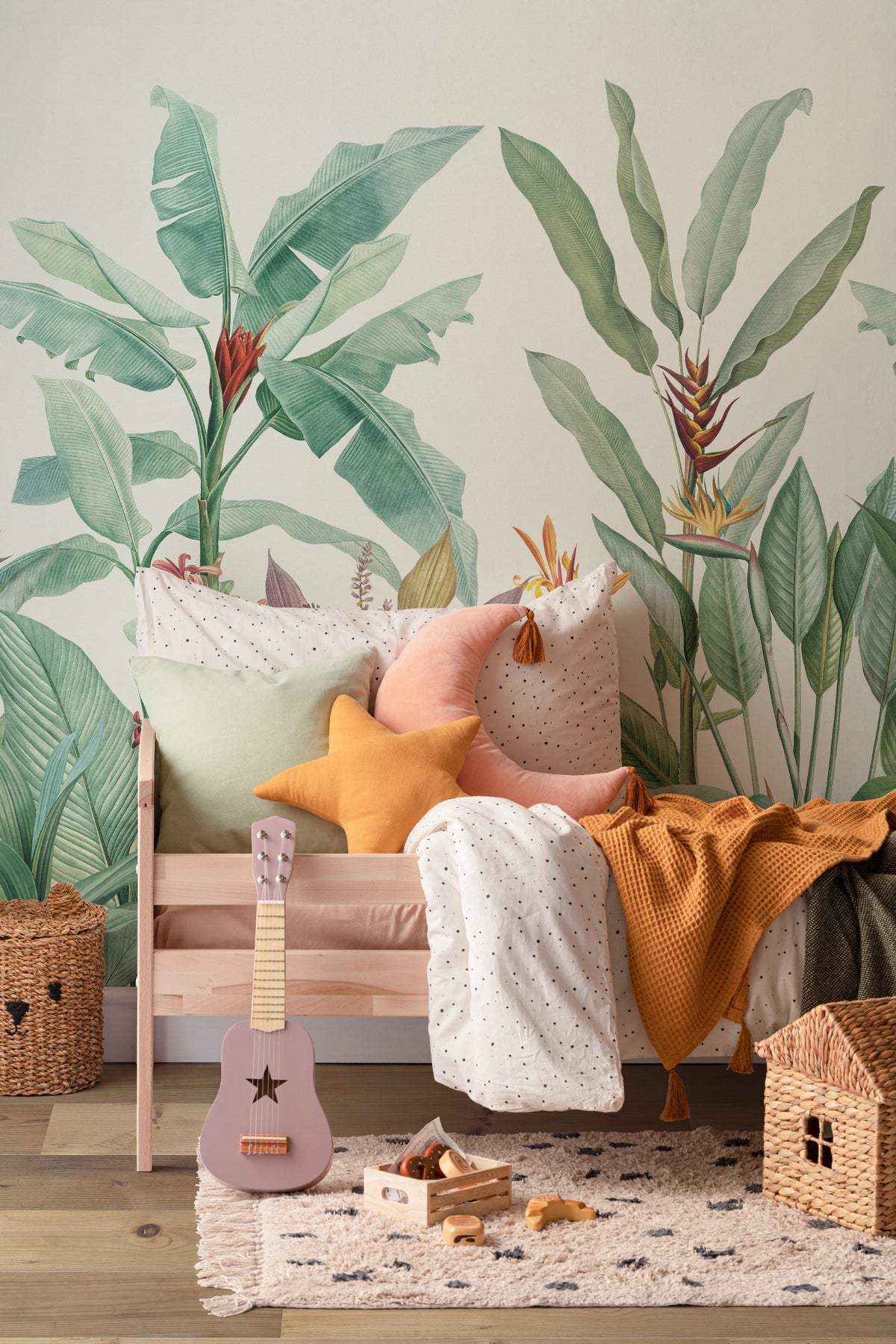 The Botanic Frieze mural in tropical green in a child's bedroom