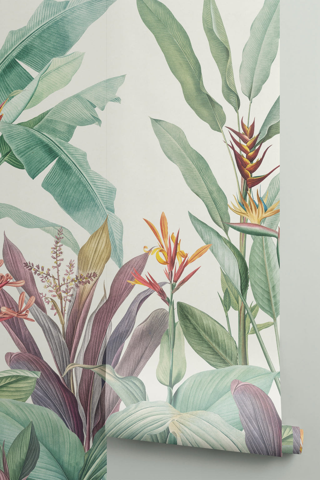 Rolled panel of The Botanic Frieze mural in tropical green