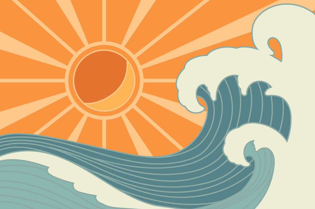 Full artwork view of The Breakwater Sun mural in tangerine and teal, showing retro sun and curling wave