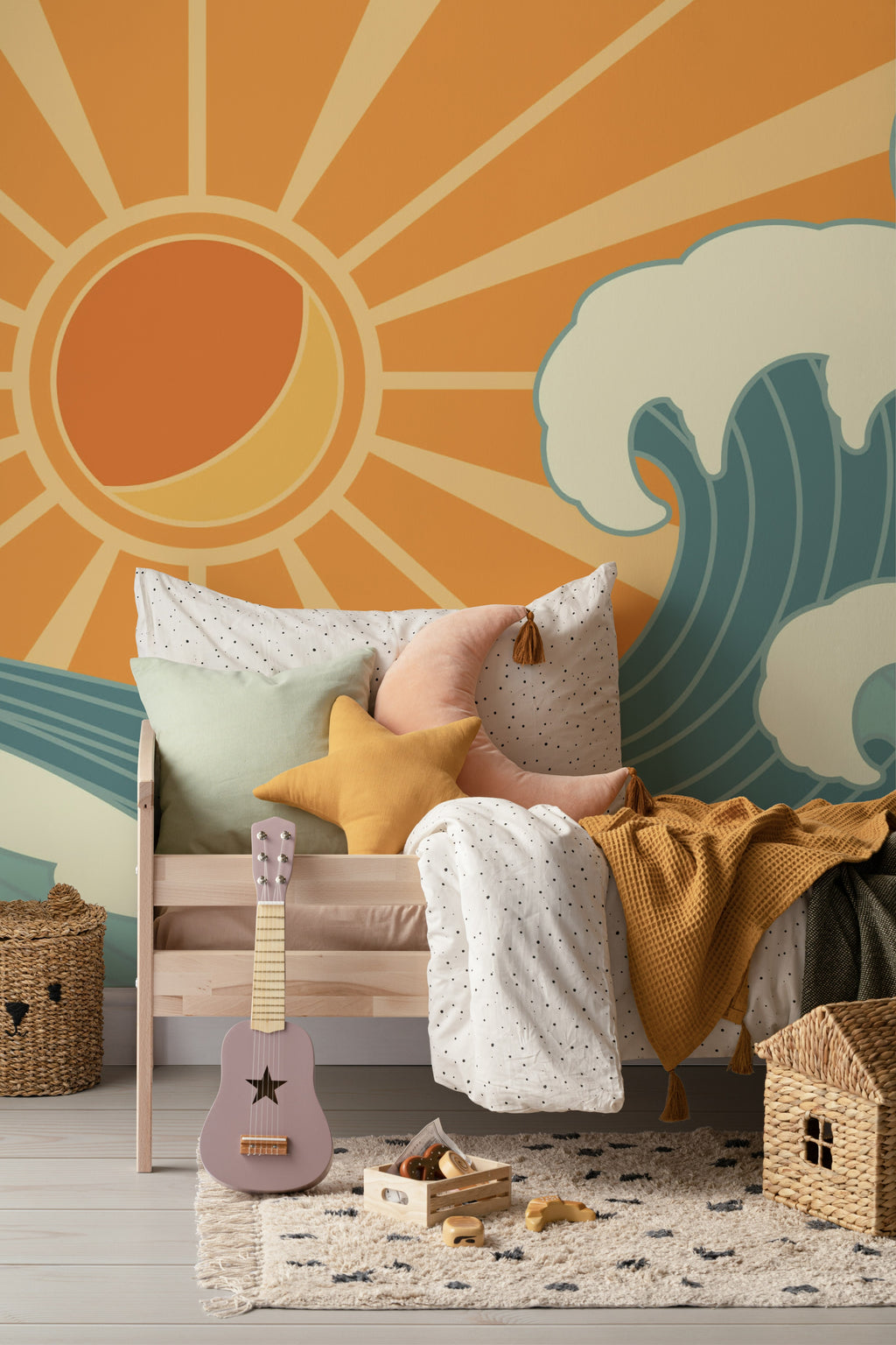 The Breakwater Sun mural in tangerine and teal in a child's bedroom