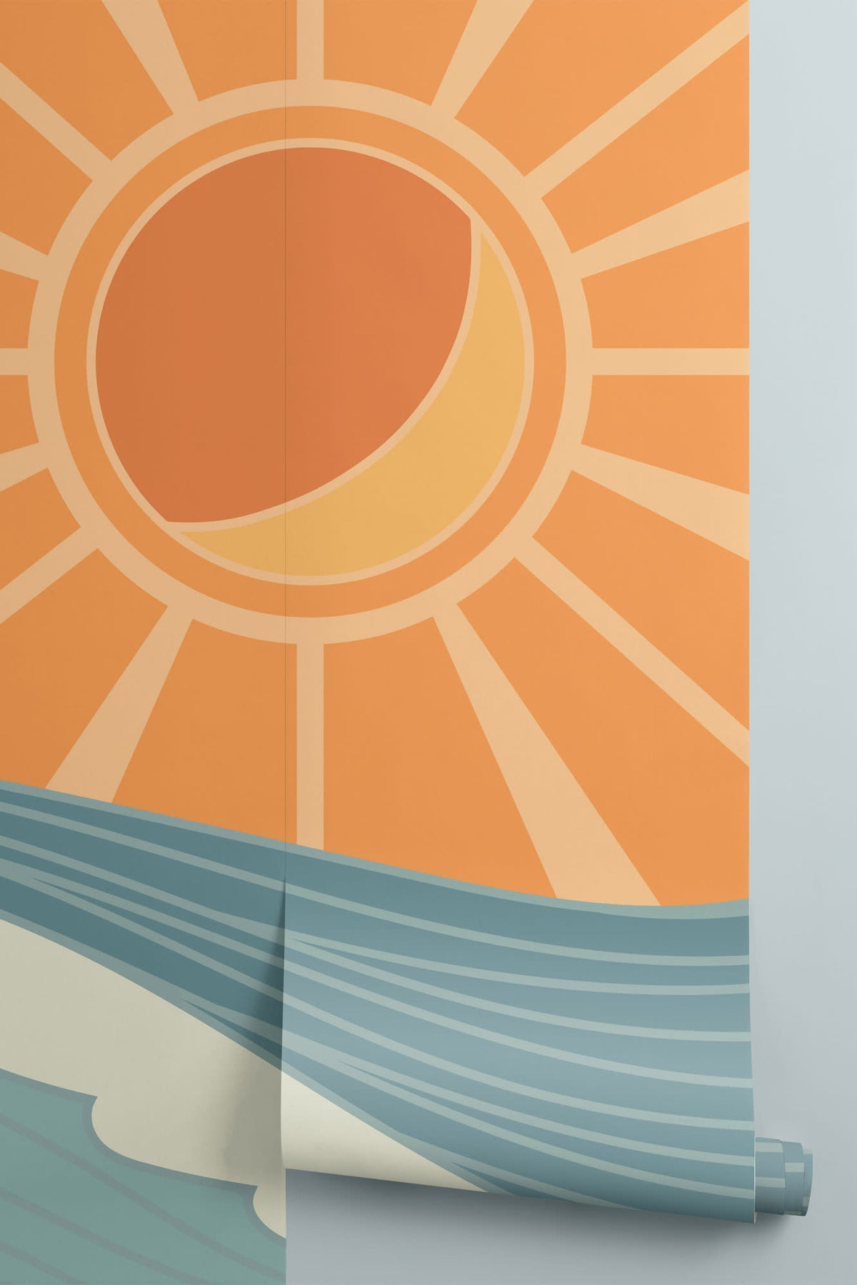 Rolled panel of The Breakwater Sun mural in tangerine and teal