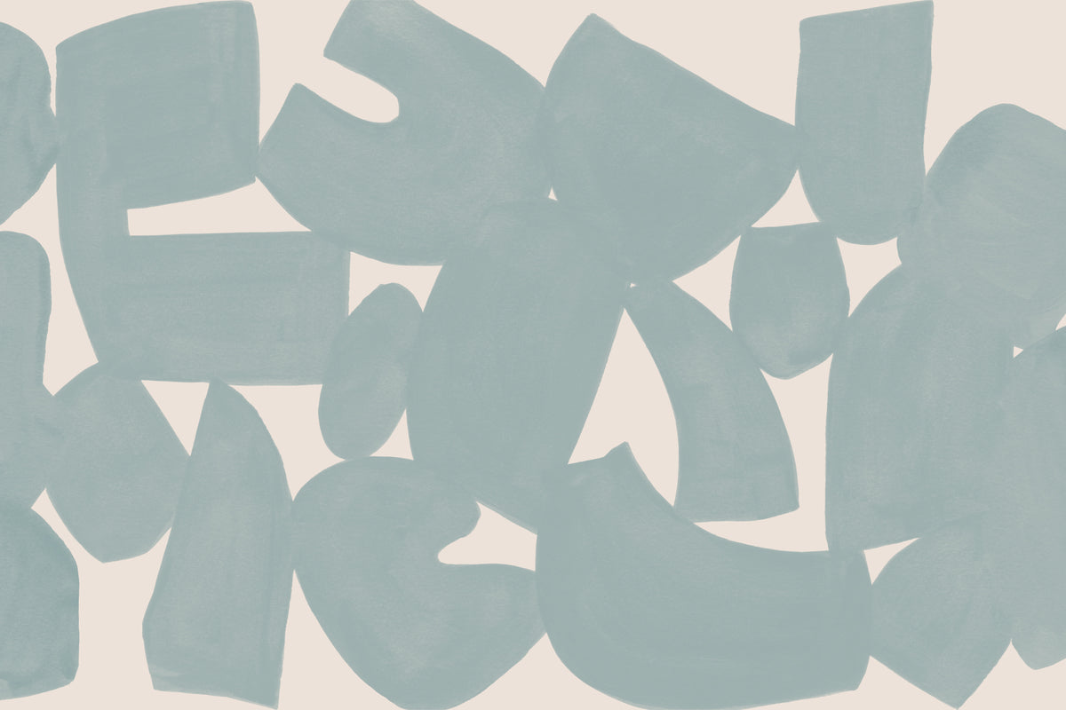 Full artwork view of The Brushed Fragments mural in seafoam blue, showing hand-painted abstract shapes
